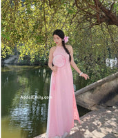 LAKELYN Pink Sleeveless Pre made ao dai simple hand beading flowers