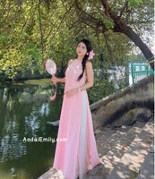 LAKELYN Pink Sleeveless Pre made ao dai simple hand beading flowers