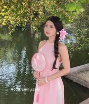 Pink Sleeveless Pre made ao dai simple hand beading flowers