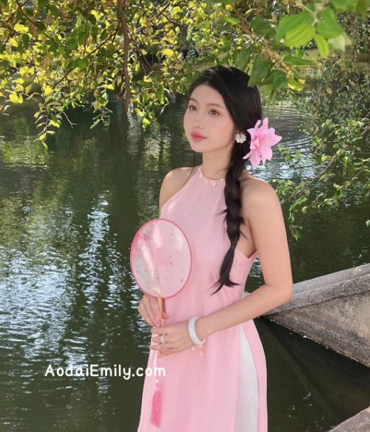 Pink Sleeveless Pre made ao dai simple hand beading flowers