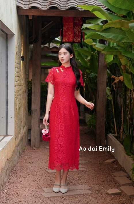 Red Lace mandarin Dress with cute buttons| White cupcakes