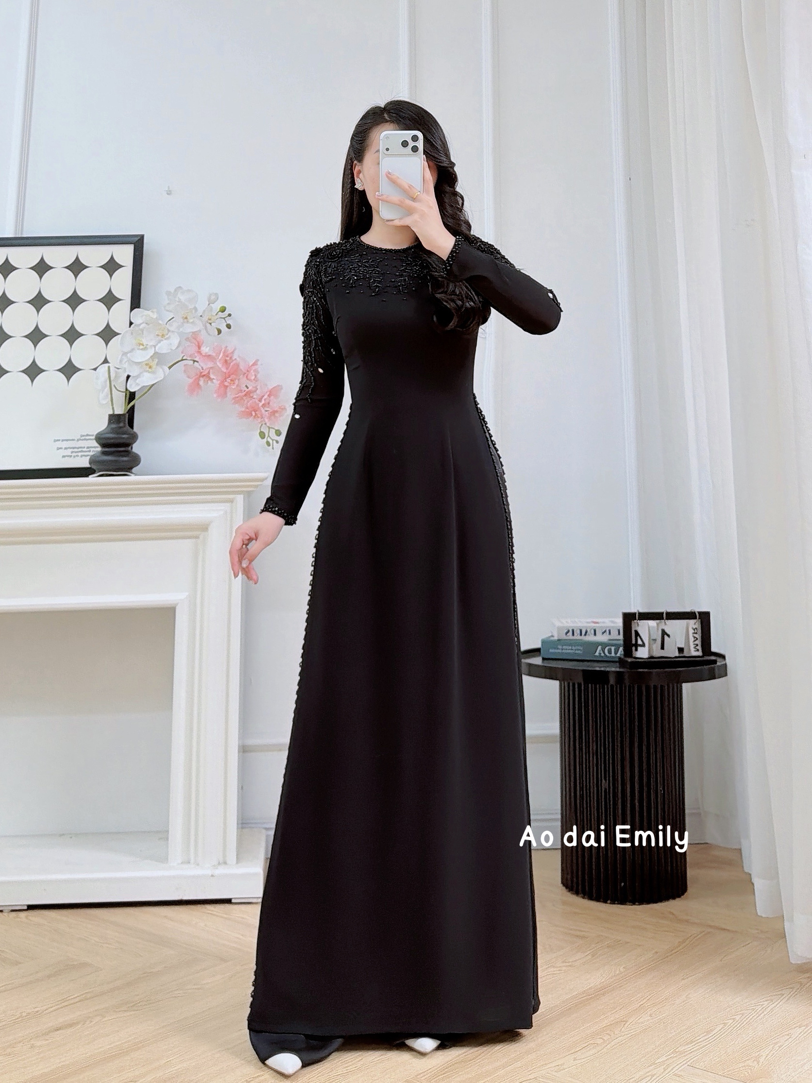 Black ao dai with hand beading crystals and 3D flowers | Cyclamen