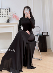 Black ao dai with hand beading crystals and 3D flowers | Cyclamen