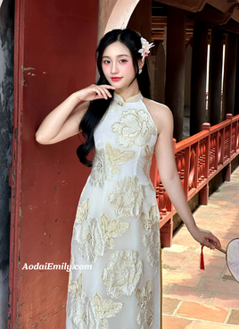 GRACELYN Cream/ Gold double layers sleeveless modern ao dai with roses