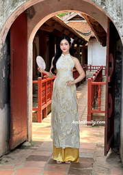 Cream/ Gold double layers sleeveless modern ao dai with roses| Addax