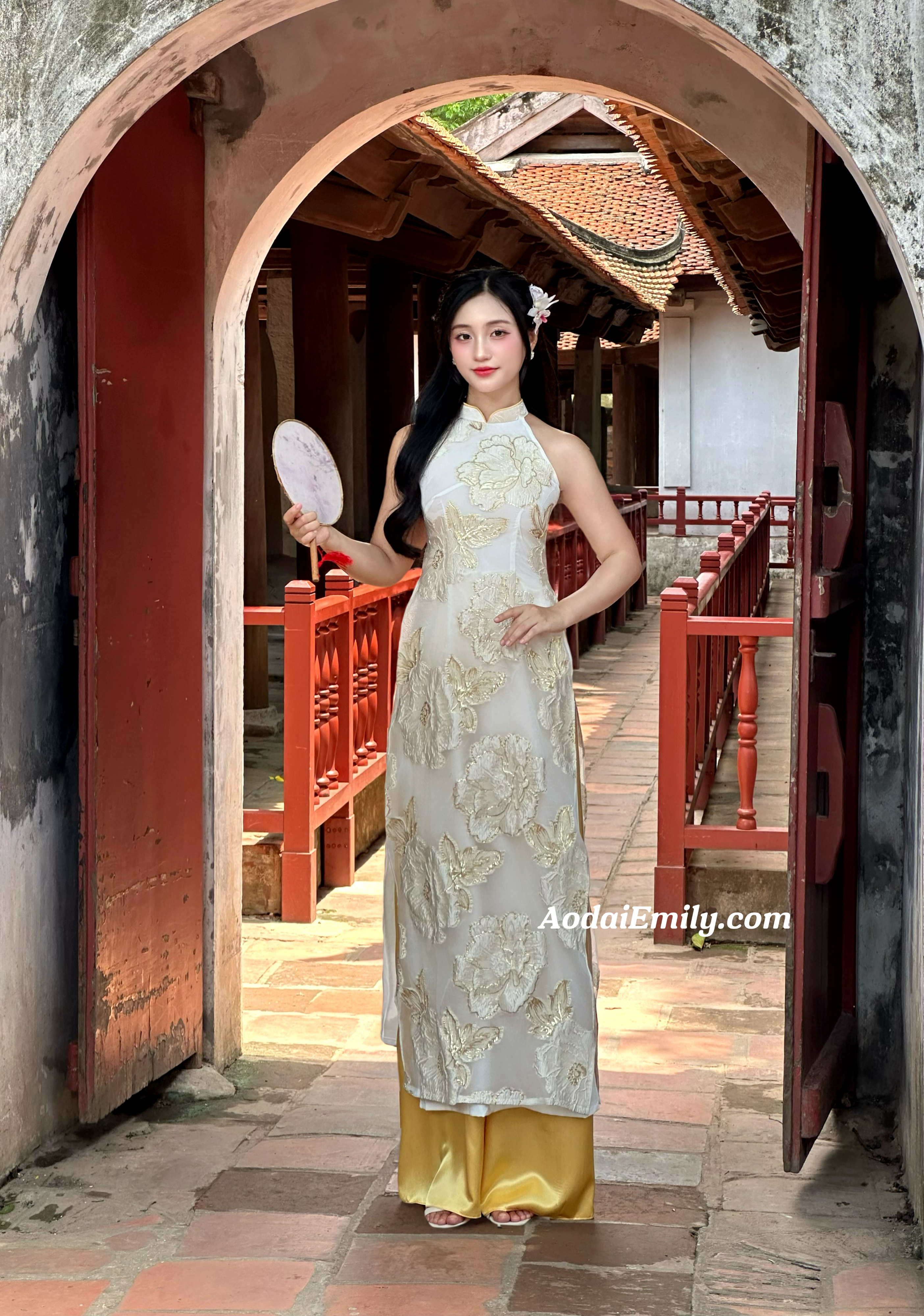 Cream/ Gold double layers sleeveless modern ao dai with roses| Addax