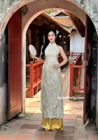 GRACELYN Cream/ Gold double layers sleeveless modern ao dai with roses