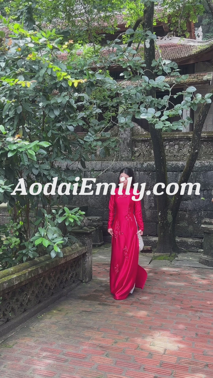 Load video: Red traditional ao dai with 3D Flowers and crystals