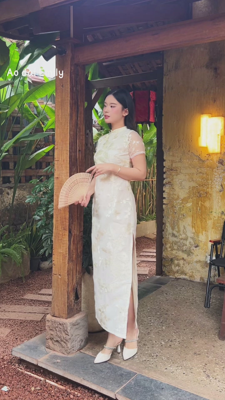Load video: Embroidery Ivory mandarin Dress with cute buttons| Chinese Pink