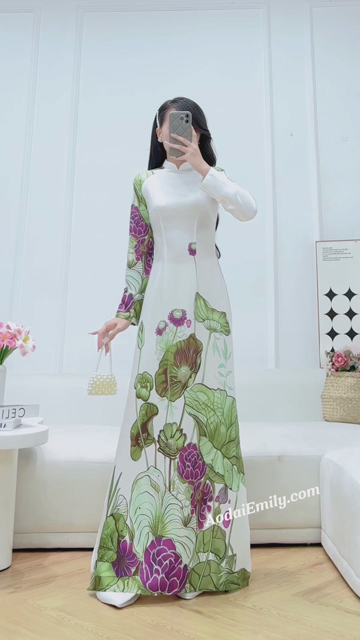 Load video: Printed Lotus flowers pattern Pre made ao dai for women