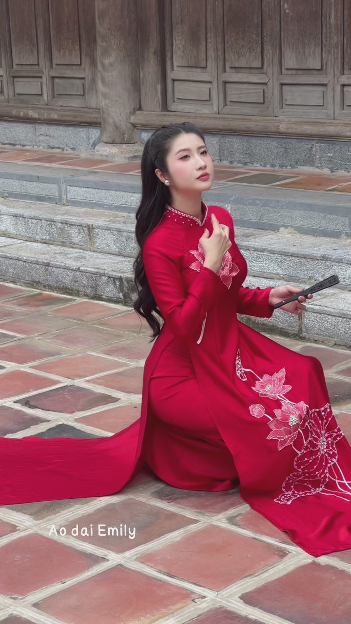 Load video: Red ao dai set with embroidery beading design | Larkspur