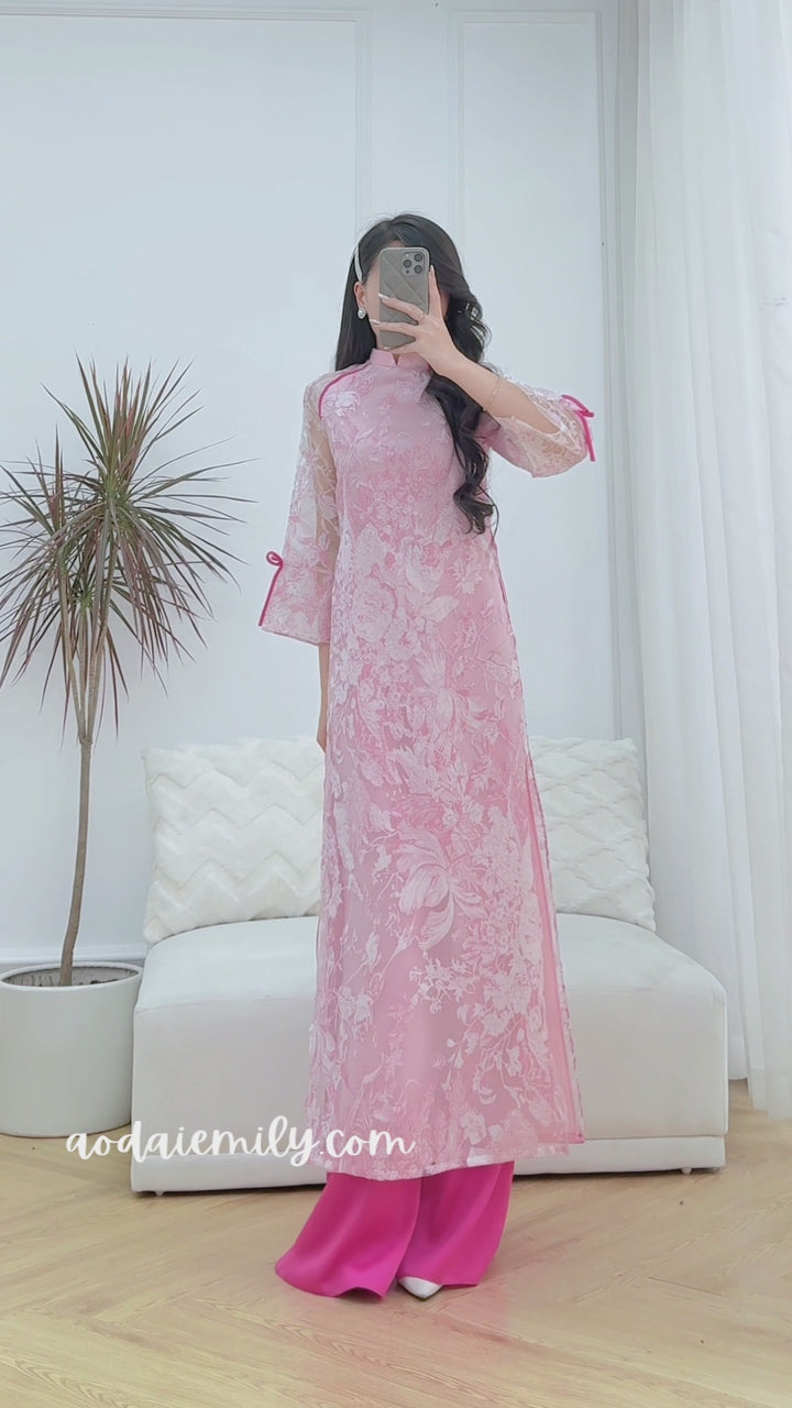 Load video: Pink Spring flowers pattern Modern Ao dai
