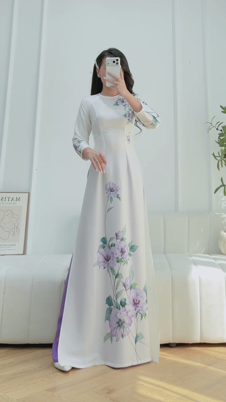 Load video: White/ purple Printed flowers pattern Pre made ao dai for women