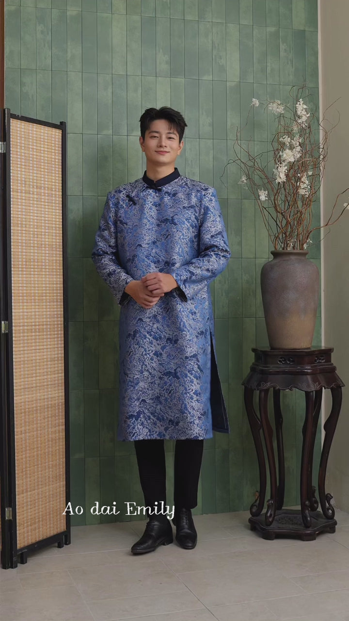 Load video: Blue shade Ao dai for men with simple pattern design|  Winter moth