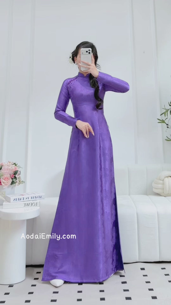 Load video: Purple Ao Dai Gấm with crystals collar