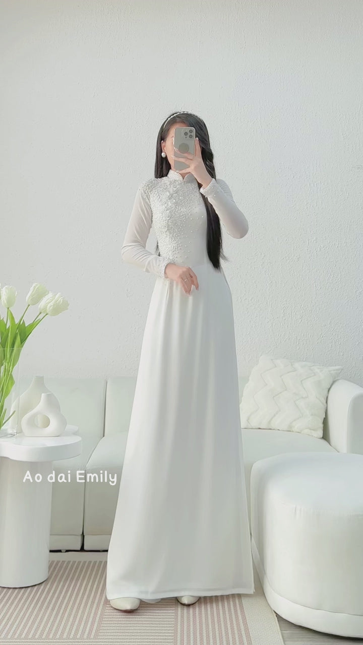 Load video: Ao dai with designed crystals, pearls and 3D flowers|Aloha