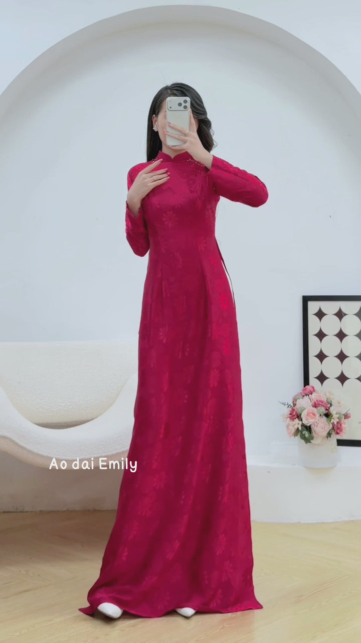 Load video: Daisy Burgundy Ao Dai Gấm with crystals|  Bleeding heart