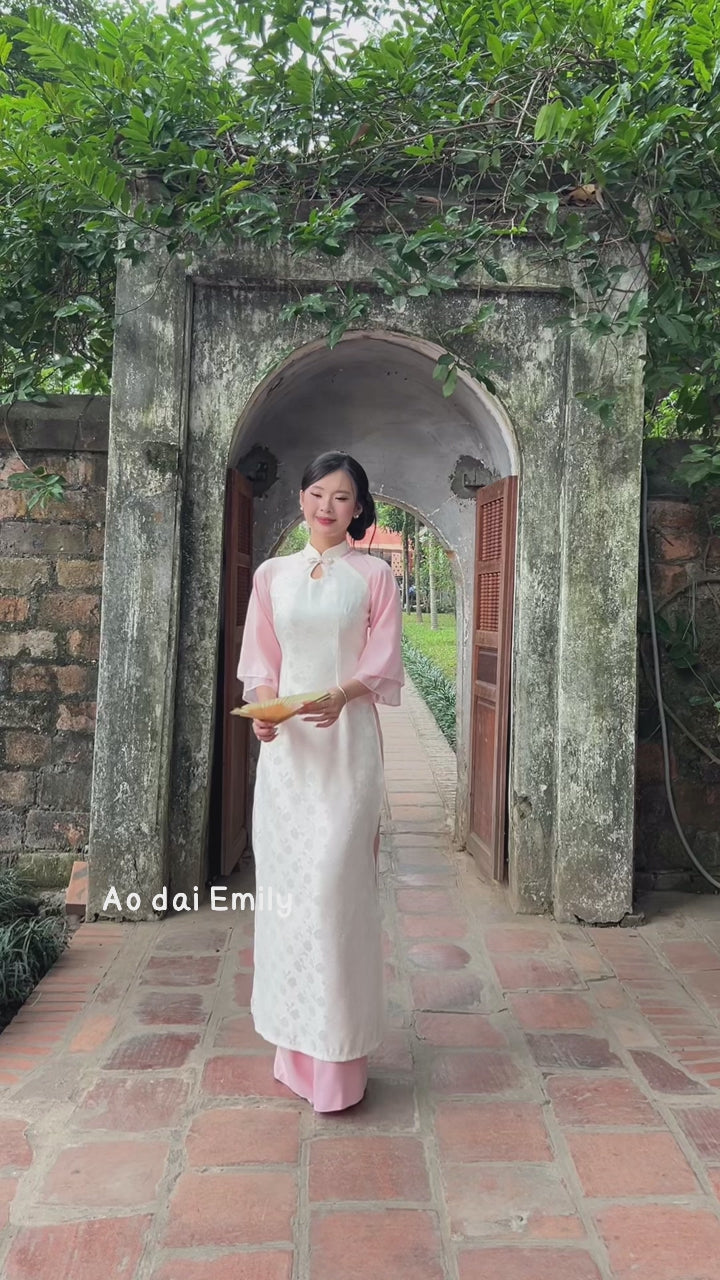 Load video: Cream/Pink Modern Ao dai with Rose pattern| Carnation