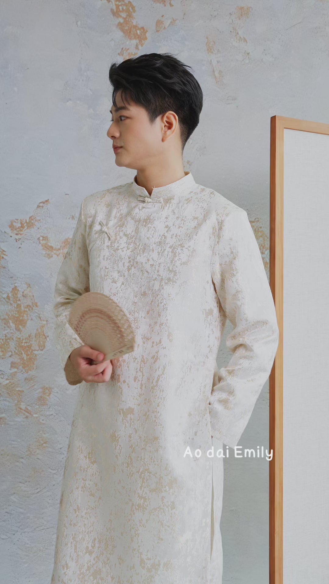Load video: Beige/Gold Ao dai for men| Akita
