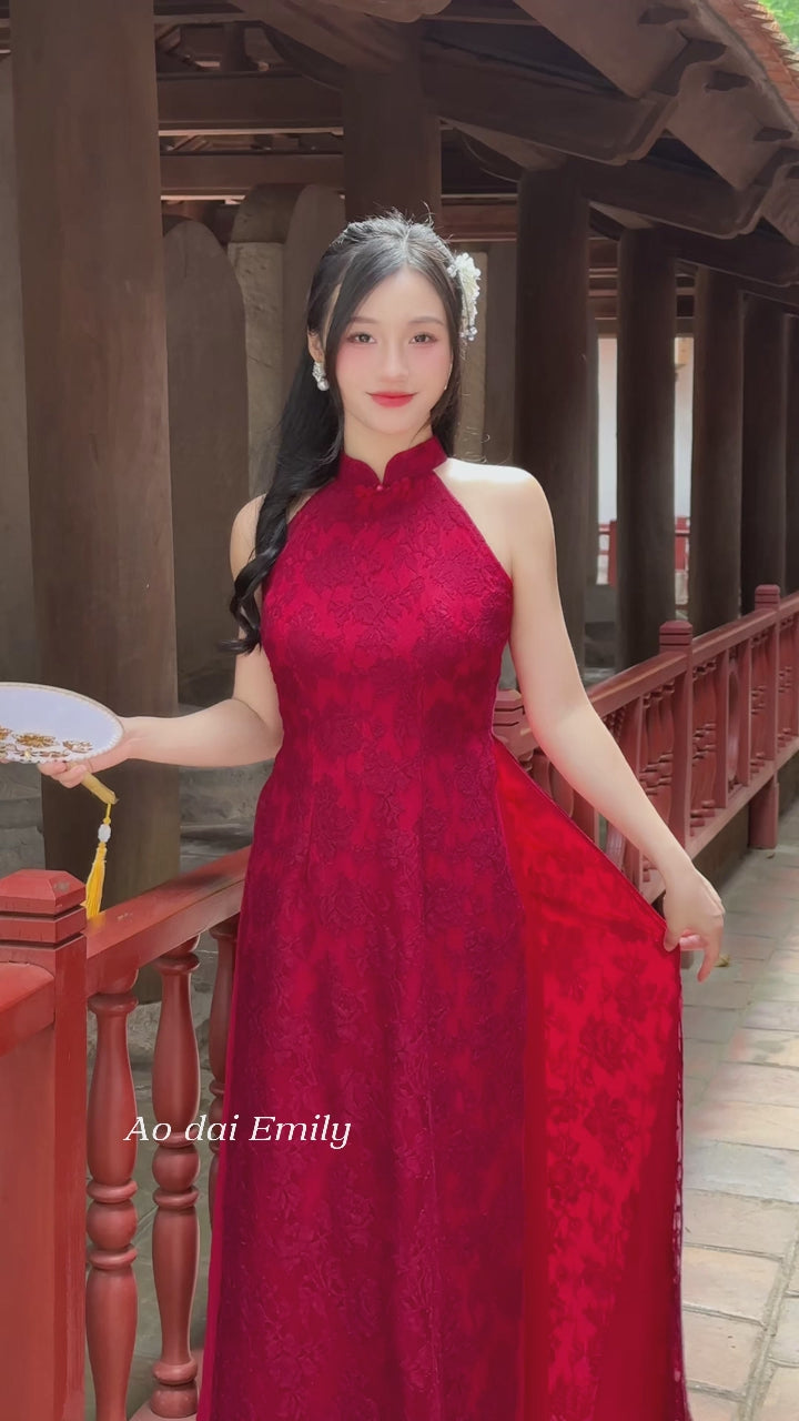 Load video: Red/Burgundy Sleeveless Lace Pre made ao dai flowers patterns| Marigold
