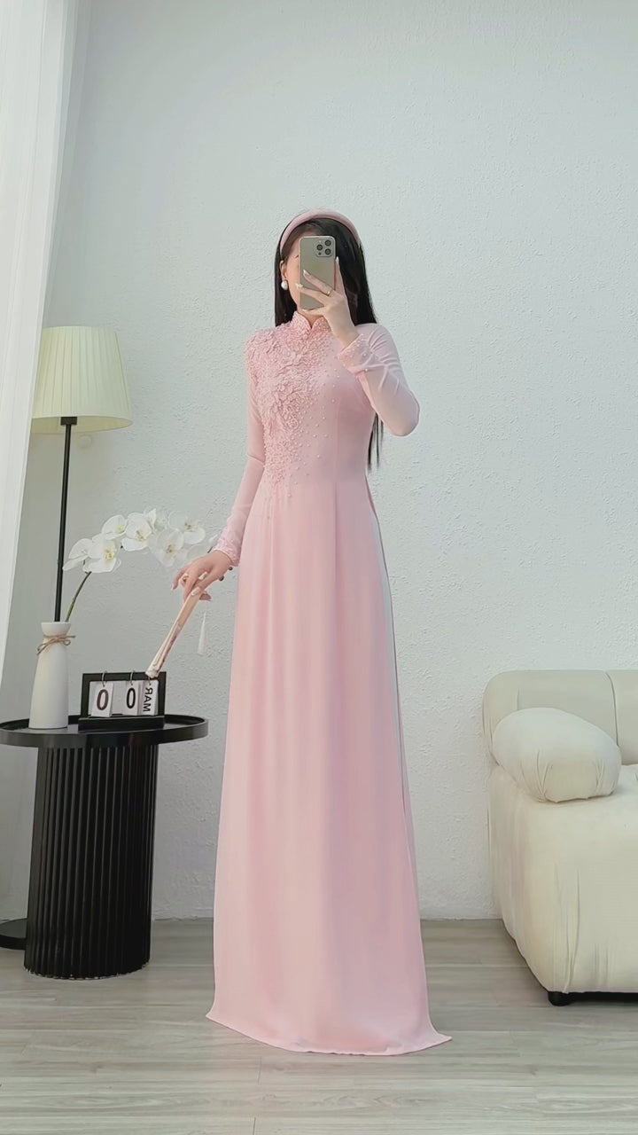 Load video: ARIANA Pink Ao dai with designed crystals and 3D flowers