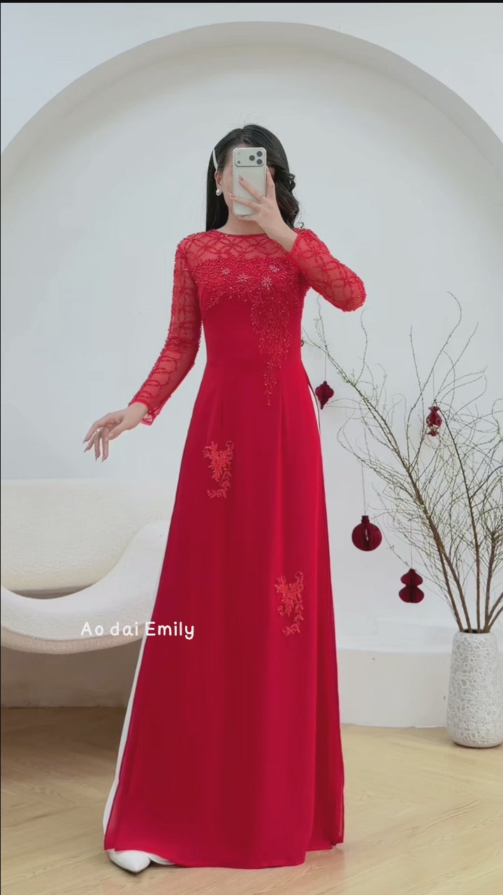 Load video: ALLIUM Red &nbsp;Ao Dai with pearls crystal and 3D lace flowers