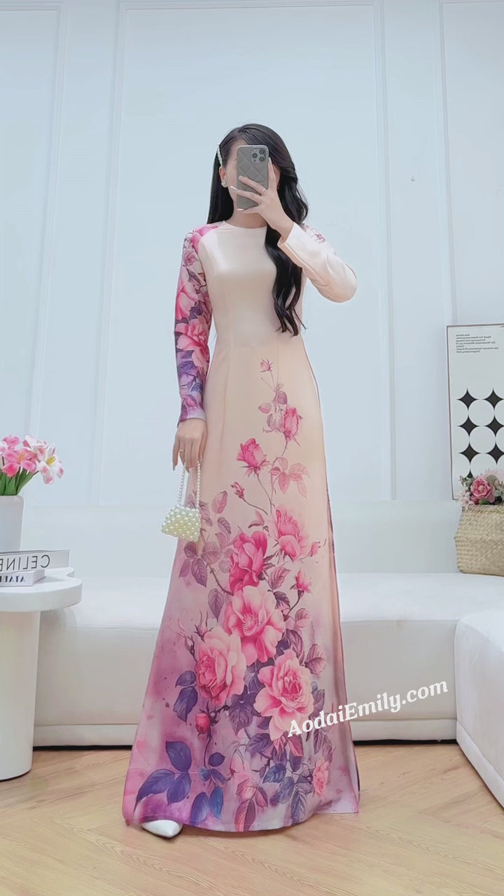Load video: Printed flowers pattern Pre made ao dai