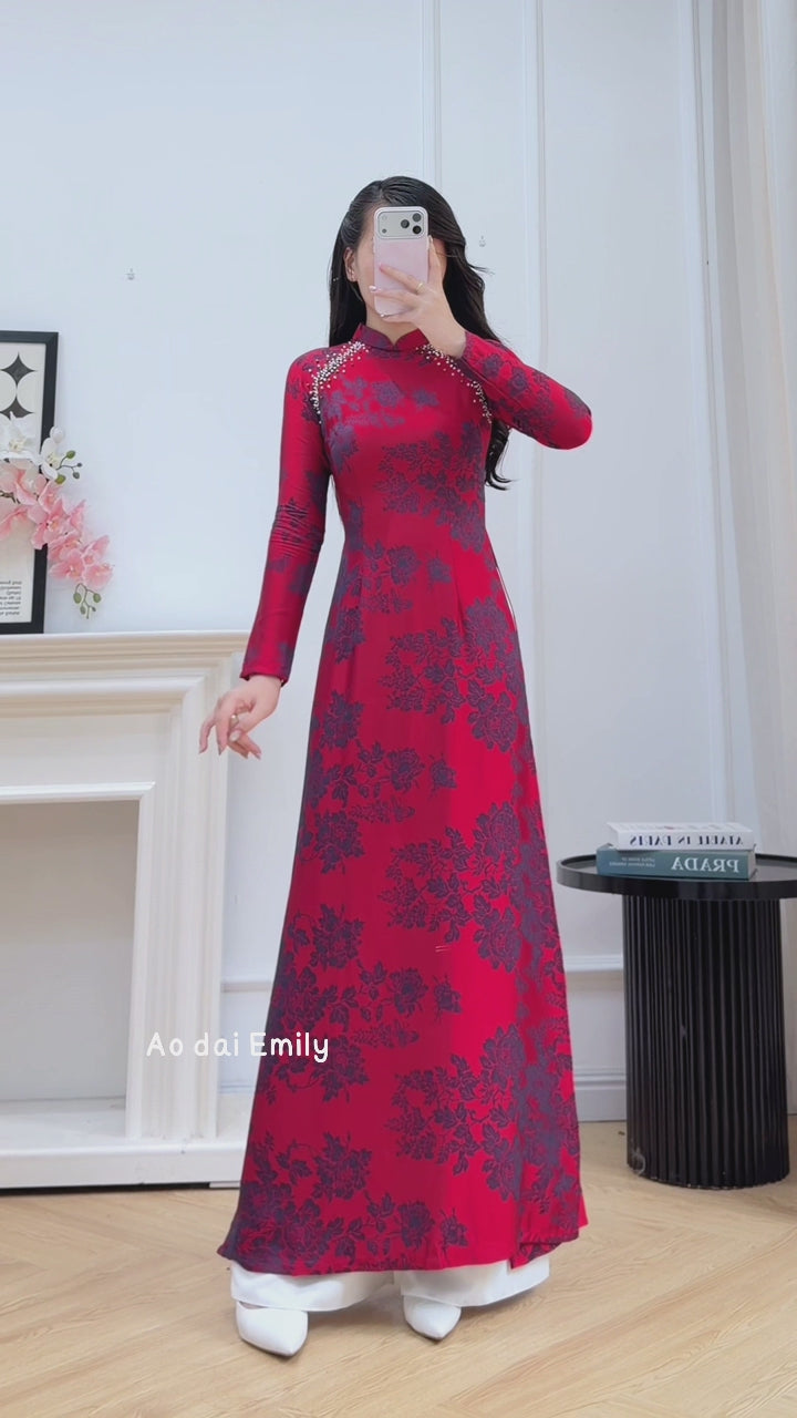 Load video: Burgundy Ao Dai Gấm with crystals collar | Red Campion