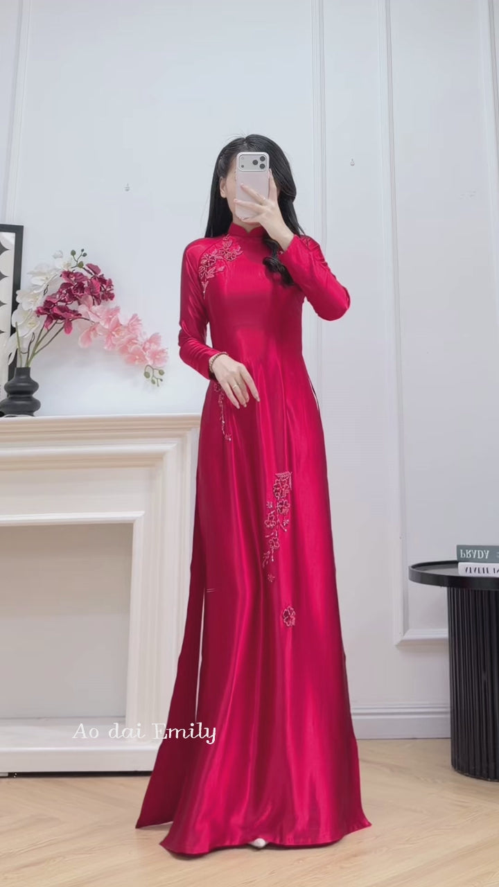 Load video: Traditional style Red ao dai with beading crystals | Cosmos