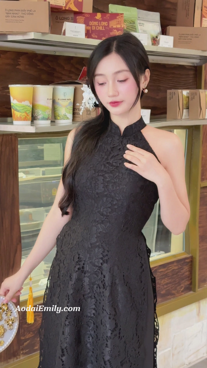 Load video: Black Sleeveless Lace Pre made ao dai