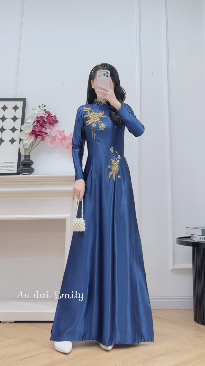 Load video: Dark Blue ao dai with beading design| Lokelani