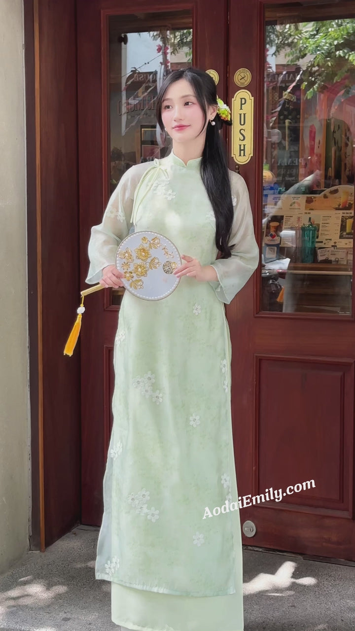 Load video: Light Avocado modern ao dai with embroidery flowers