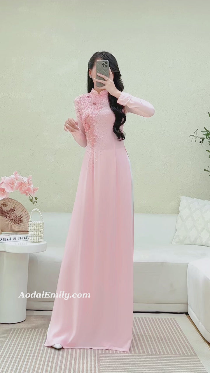 Load video: Pink Ao dai with designed crystals| Tiger lily