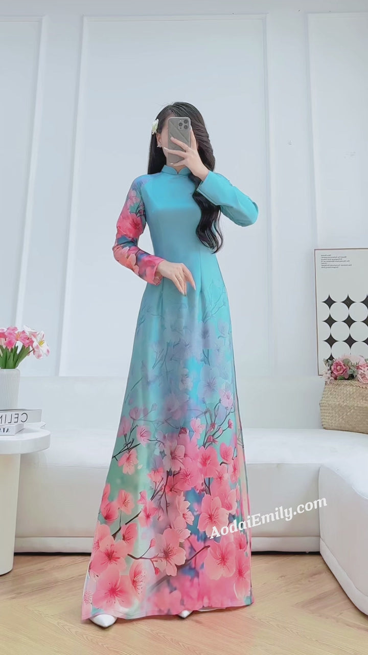 Load video: Printed Blue/Pink flowers flowers pattern