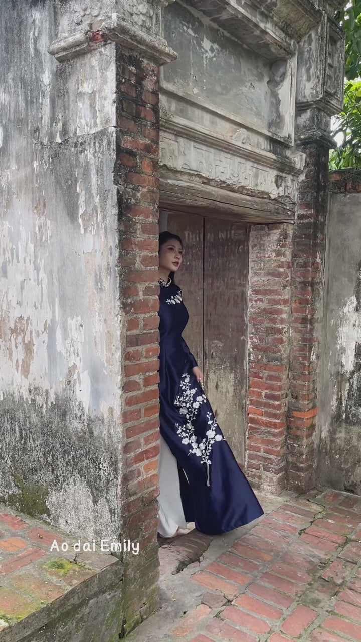 Load video: Dark Blue Traditional ao dai with embroidery and pearls | Globe flower