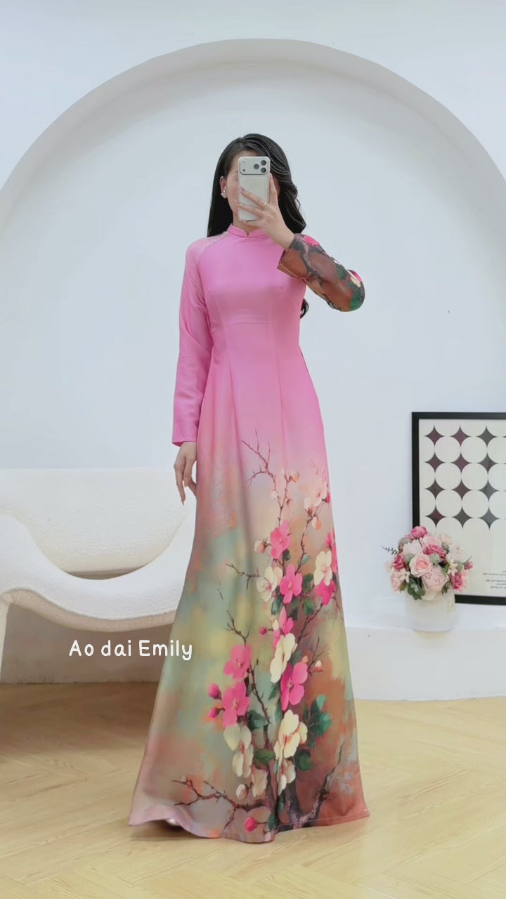 Load video: Pink Spring flowers pattern Pre made ao dai| Bee Blossom