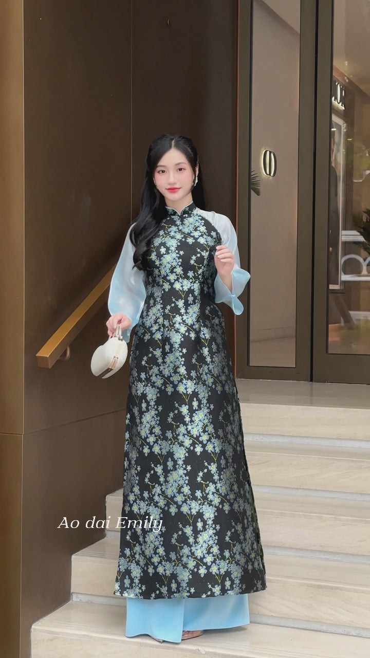Load video: Blue/Black Taffeta Sakura flowers Pre made Ao Dai