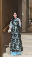 MACY Blue/Black Taffeta Sakura flowers Pre made Ao Dai