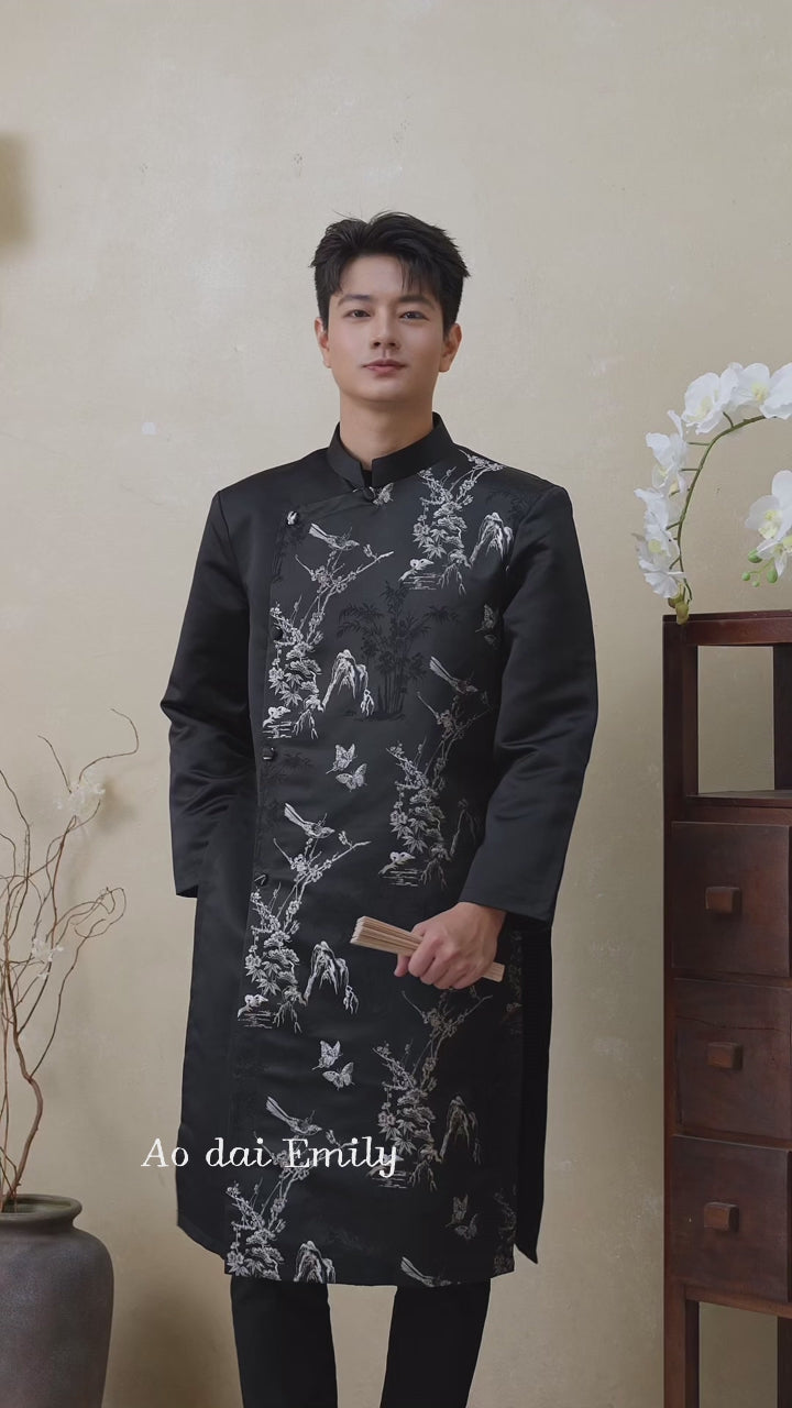 Load video: Black Ao dai for men with spring design| Willow warbler