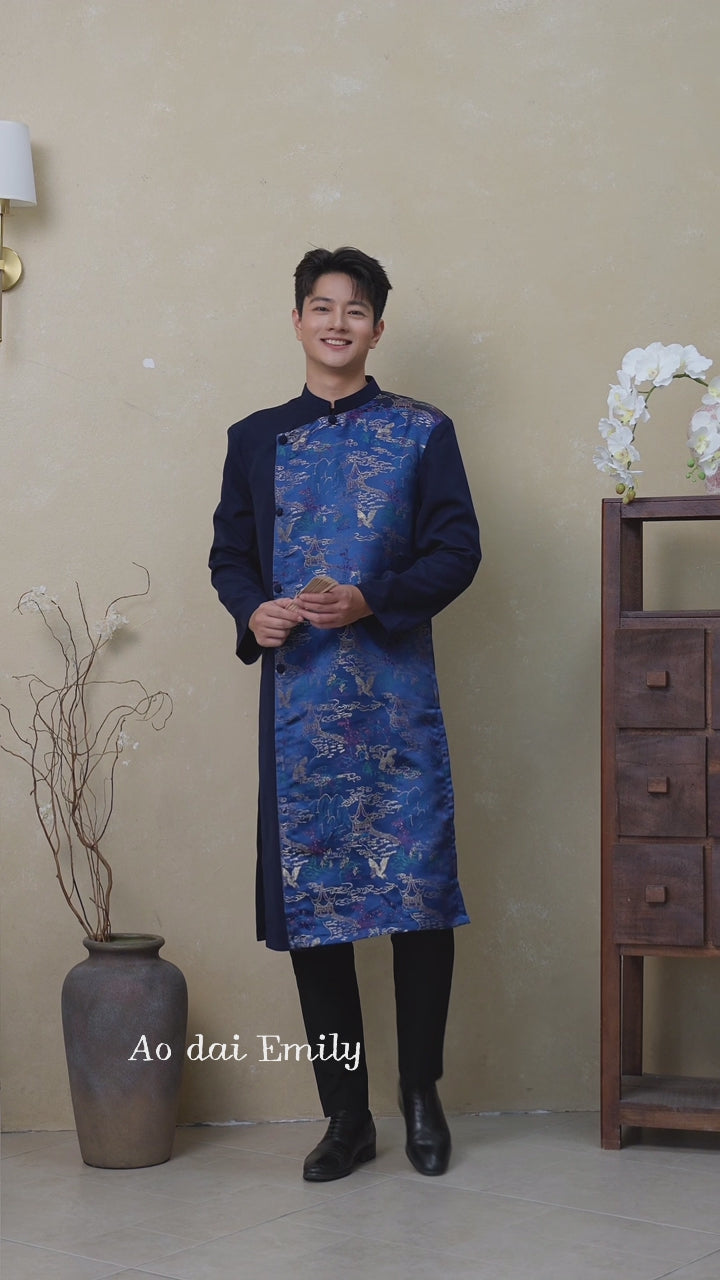 Load video: Blue shade Ao dai for men with spring patterns| Bobolink