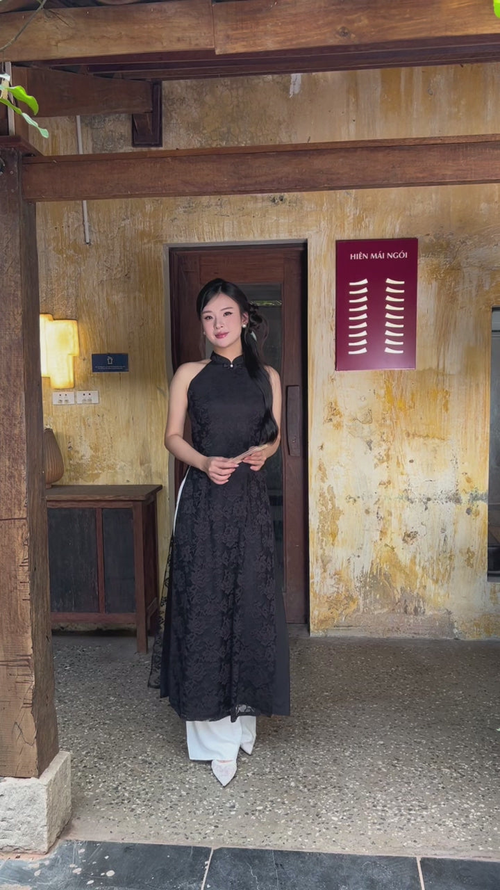 Load video: Black Sleeveless Lace Pre made ao dai| Kaffir lily