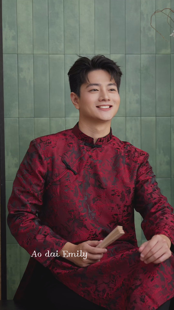 Load video: Burgundy/ Black Ao dai for men| Barred owl