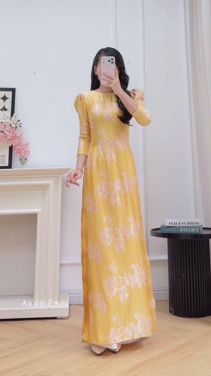 Load video: Yellow Ao Dai Gấm with puffy sleeves | Flowers pattern| Yellow valerian