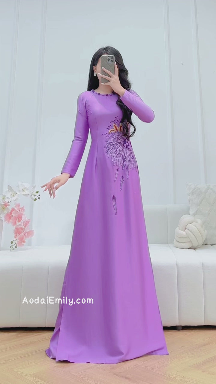 Load video: Purple Embroidery Sunflowers with hand beading buttons