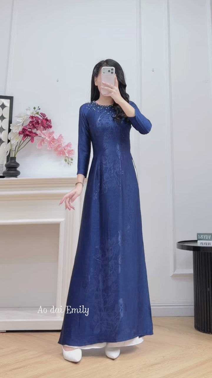 Load video: Dark Blue ao dai with hand beading collar | Lanfen