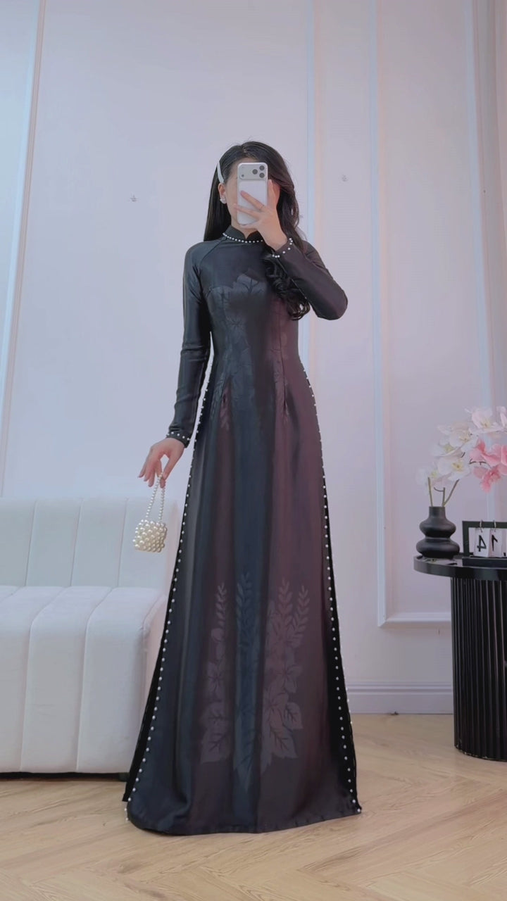 Load video: Black Pre made ao dai with Pearls| Starry eyes