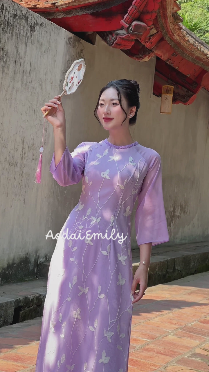 Load video: Purple double layers modern ao dai with embroidery flowers