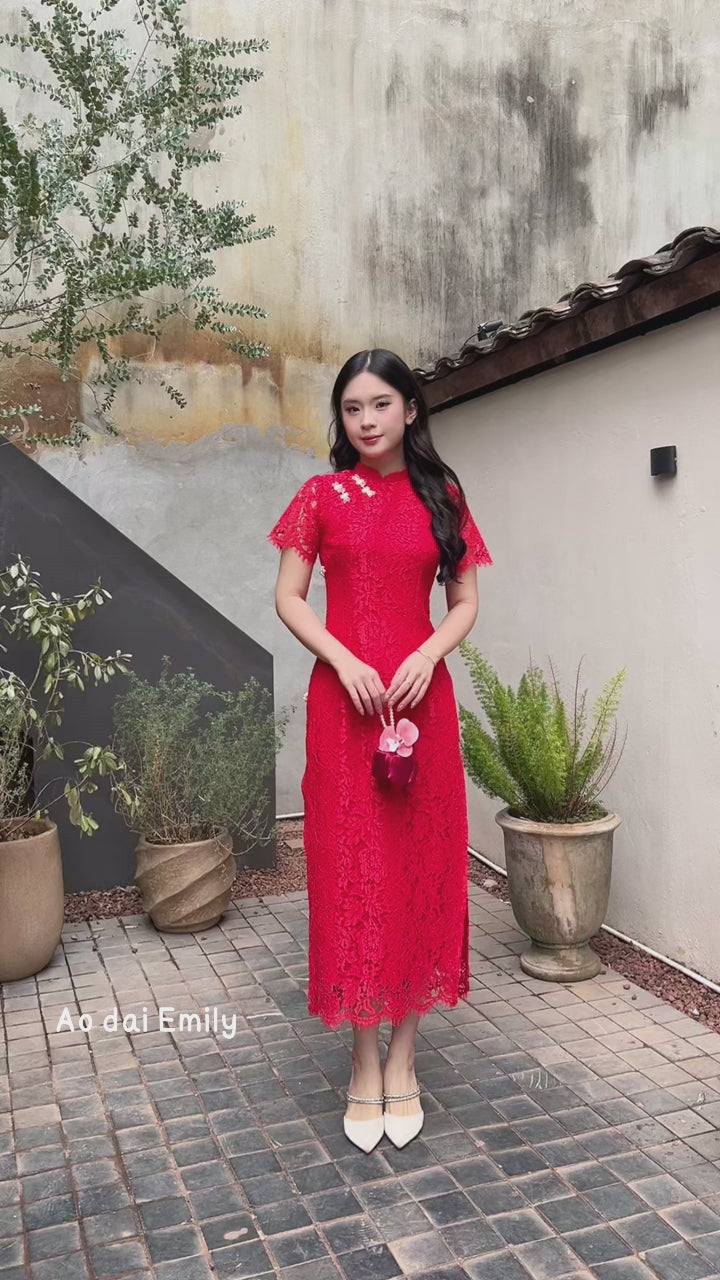 Load video: Red Lace mandarin Dress with cute buttons| White cupcakes