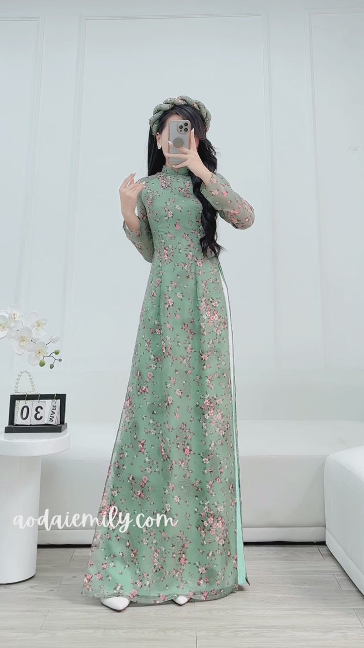 Load video: Dark Green Mini Flowers Double layers Ao Dai
