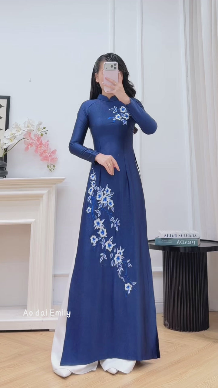 Load video: Dark blue embroidery ao dai | Rock Soapwort